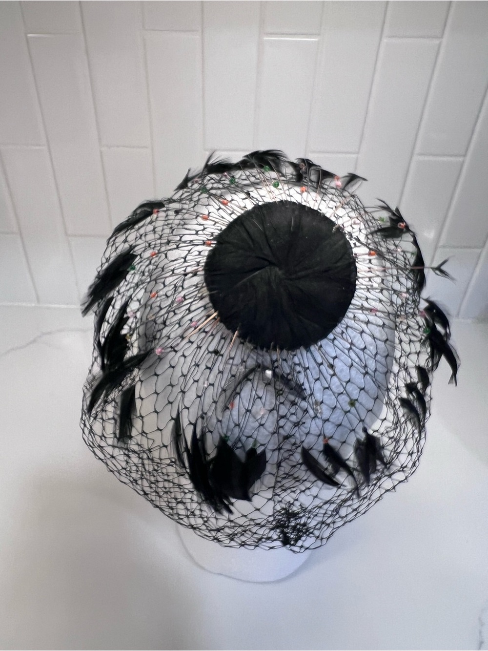 Vintage 50s Women’s Fascinator Black Birdcage Veil Feathers Multi Color Beads